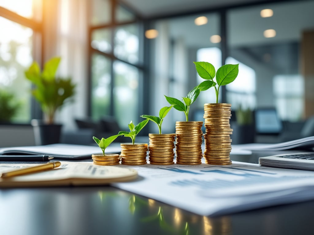 Stacks of coins with small green plants sprouting on top, symbolizing financial growth in a modern office setting.