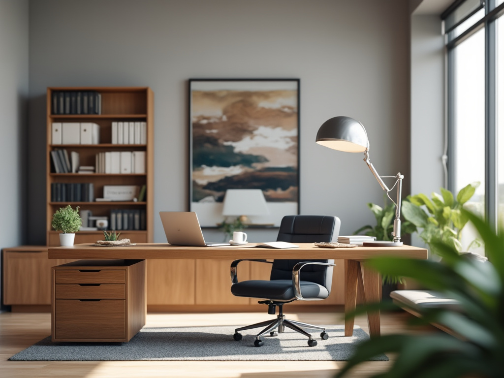 Oficina moderna con escritorio de madera, silla de cuero negra, lámpara de escritorio y estantería en el fondo, decorada con plantas y arte en la pared.