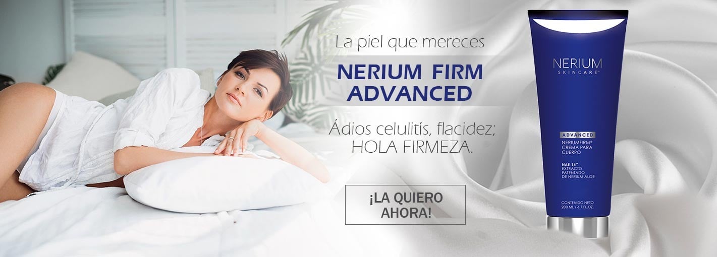Mujer recostada en cama blanca junto a anuncio de crema Nerium Firm Advanced, resaltando beneficios contra celulitis y flacidez.