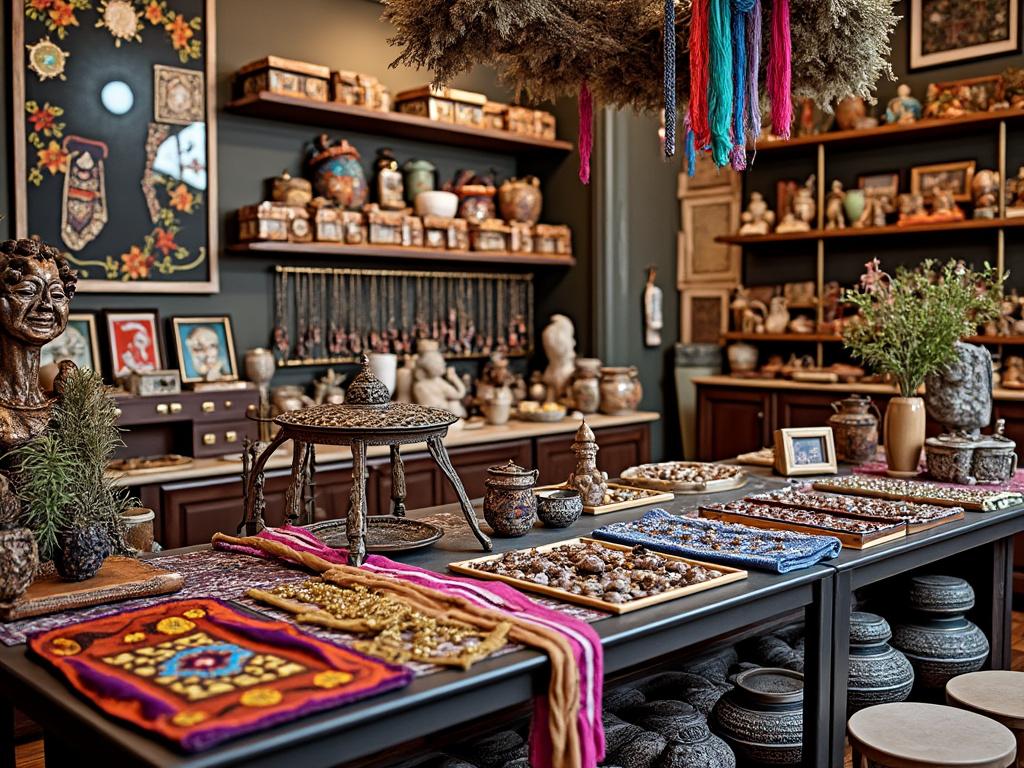 Tienda de artesanías con mesas llenas de joyas y textiles coloridos, estanterías con cerámica y decoración antigua en un ambiente acogedor.