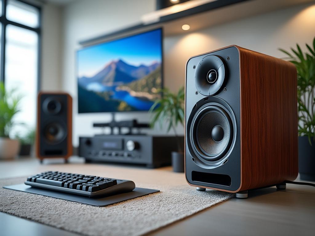 Altavoces de madera junto a un teclado y una pantalla de TV en una sala de estar moderna, decorada con plantas.