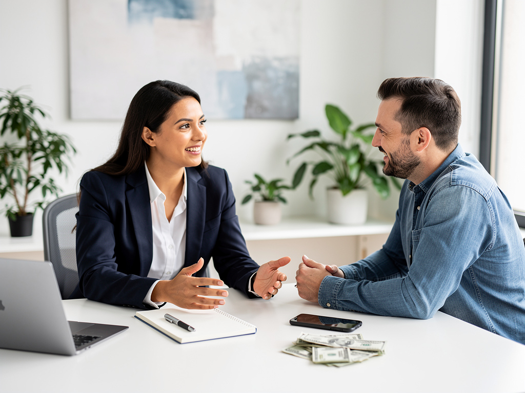 Financial advisor consulting with client at office desk with laptop, notebook, smartphone, and cash
