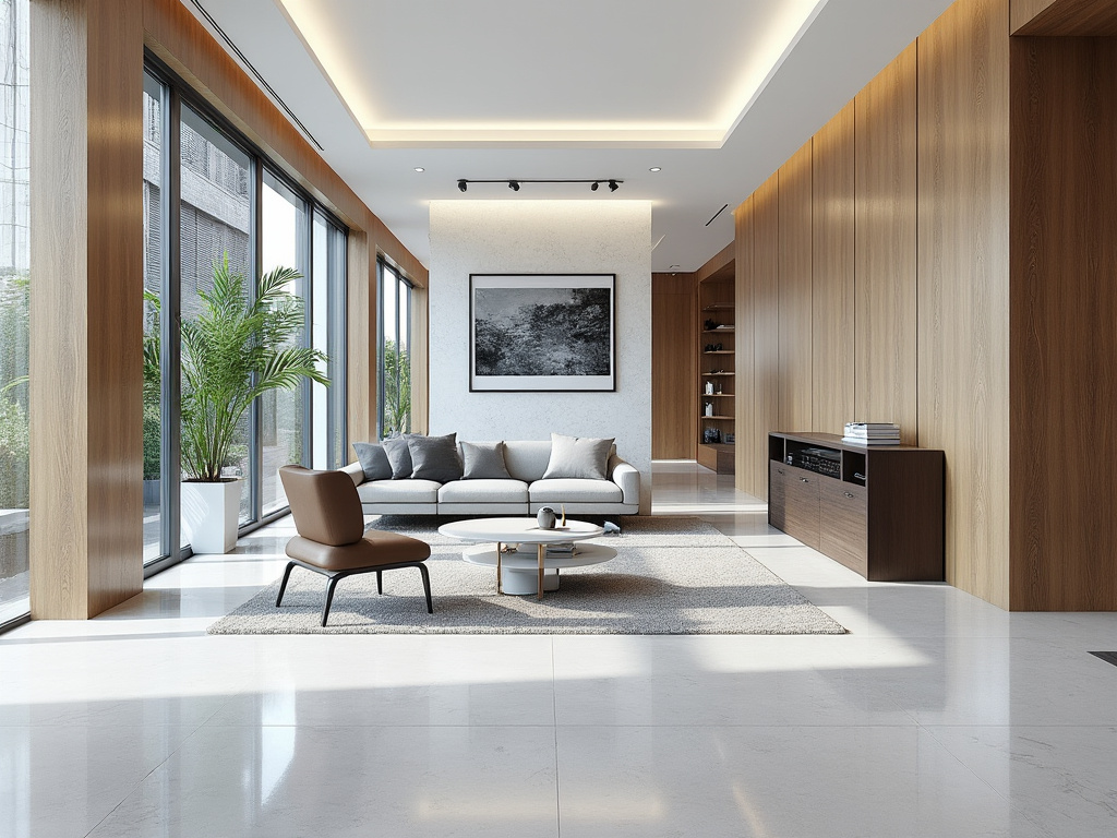 Sala moderna con sofá gris, silla marrón, mesa de centro redonda, plantas junto a ventanales y paredes de madera clara.