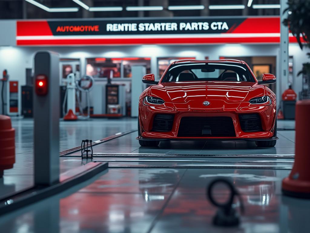 Coche deportivo rojo en un taller de automóviles moderno con letrero de 'Rentie Starter Parts CTA'.