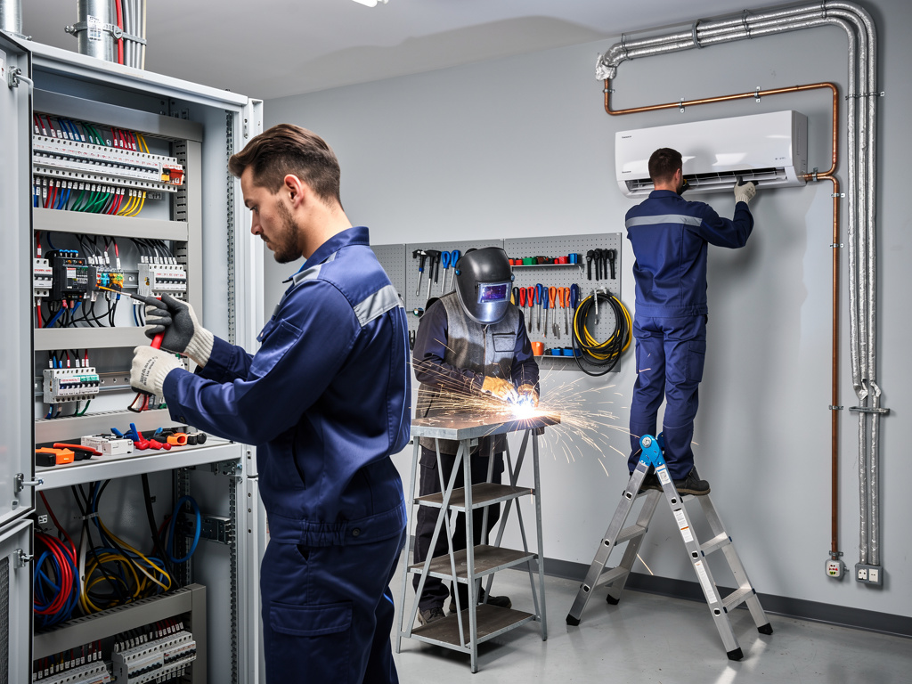 Técnicos industriales realizando mantenimiento eléctrico, soldadura e instalación de aire acondicionado en sala de servicios