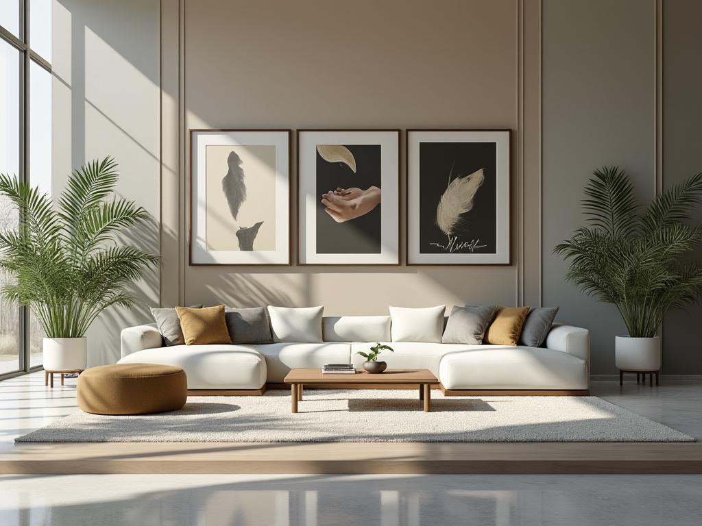 Sala de estar moderna con sofá blanco, cojines de colores, plantas en maceta y decoración de arte en la pared.