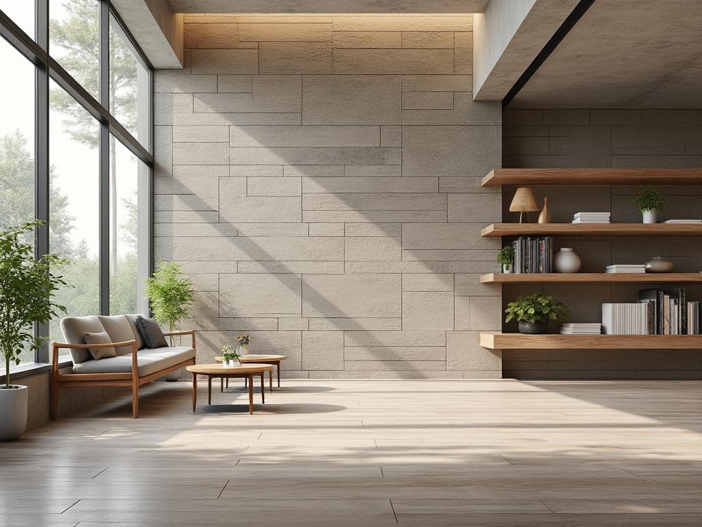 Interior moderno con sofá, plantas y estanterías de madera en un salón iluminado por grandes ventanales.