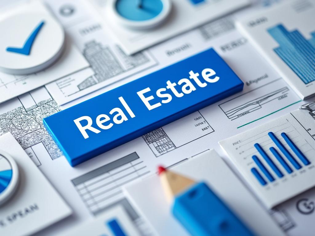 Imagen de elementos relacionados con bienes raíces, que incluye gráficos, planos y el texto 'Real Estate' en azul.