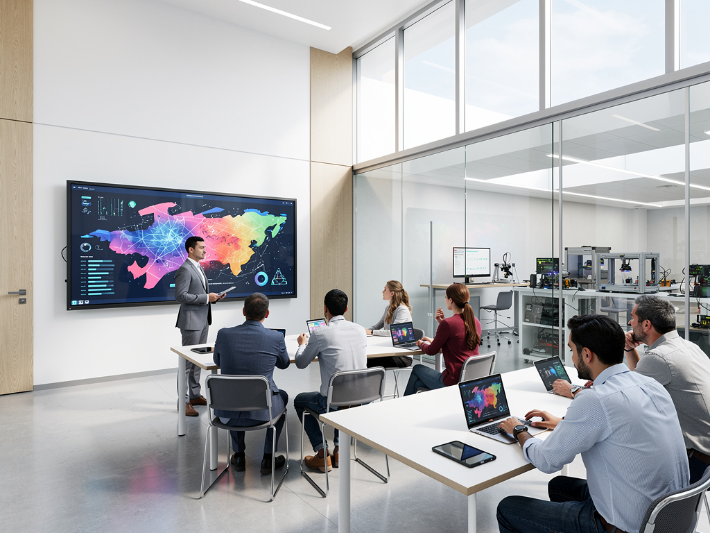 Reunión empresarial en oficina moderna con pantalla de análisis de datos global y laboratorio tecnológico