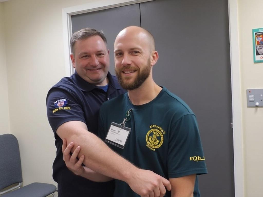 Two men smiling inside a room, one wearing a green shirt with a logo and a name tag, and the other in a blue polo, standing near gray doors. Two men smiling inside a room, one wearing a green shirt with a logo and a name tag, and the other in a blue polo, standing near gray doors.
