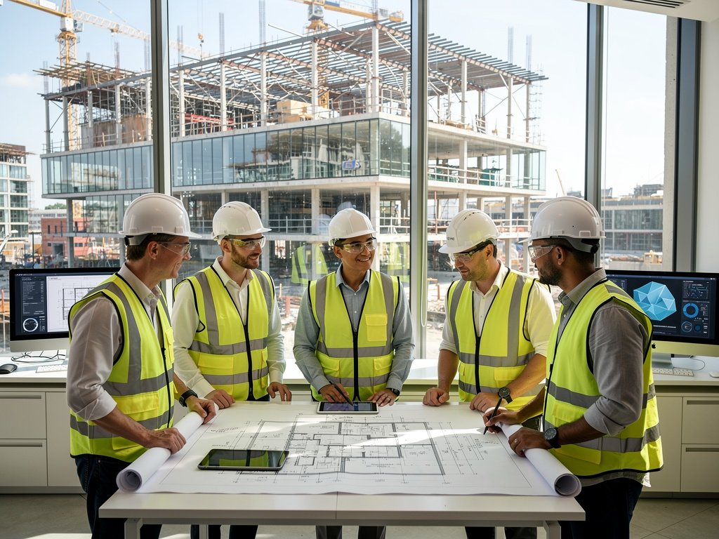Equipo de ingenieros con cascos y chalecos revisando planos en oficina frente a edificio en construcción