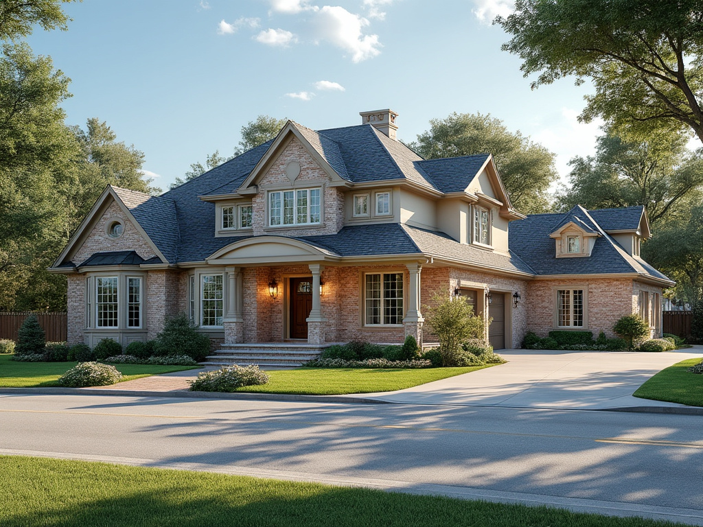 Elegant suburban brick house with large windows, a neatly manicured lawn, and a two-car garage in a serene neighborhood.