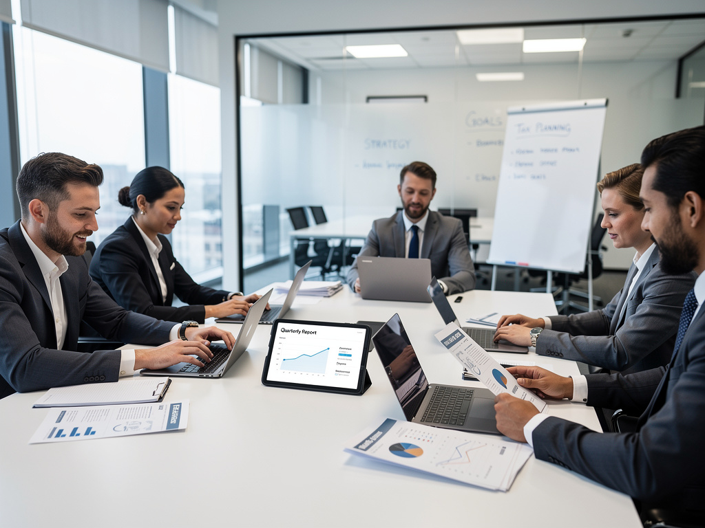 Equipo de negocios en reunión corporativa analizando informes financieros con portátiles y gráficos en una sala de conferencias moderna Equipo de negocios en reunión corporativa analizando informes financieros con portátiles y gráficos en una sala de conferencias moderna