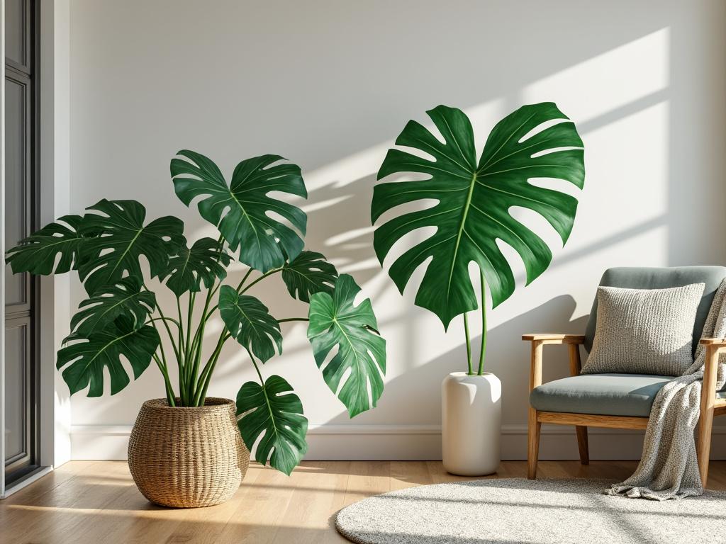 Sala de estar minimalista com plantas de folhas grandes em vasos decorativos, cadeira de madeira com almofada cinza e luz natural.