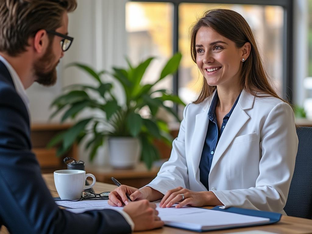 Business meeting with a smiling woman in a white blazer and a man with glasses in an office setting.

