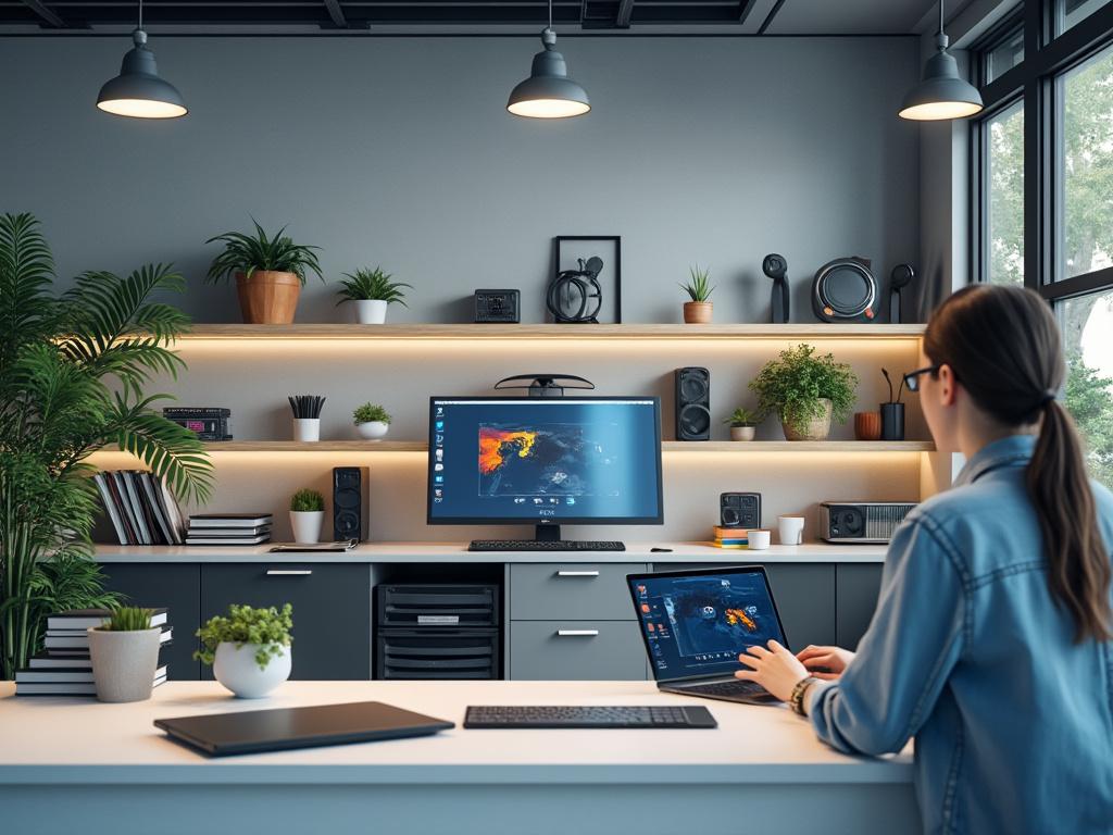 Persona trabajando en una oficina moderna con computadora portátil y escritorio organizado, rodeado de plantas y estanterías con libros y decoraciones.