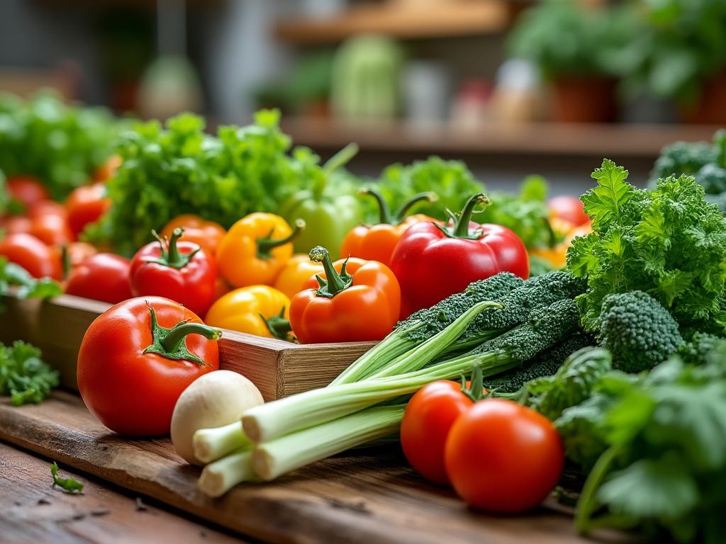 Variedad de verduras frescas incluyendo pimientos, tomates, puerros y brócoli en una mesa de cocina.