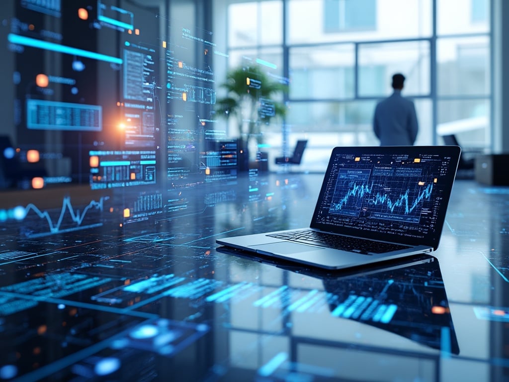 Modern office with laptop displaying financial graphs, data holograms in the foreground, and a person standing by a window in the background. Modern office with laptop displaying financial graphs, data holograms in the foreground, and a person standing by a window in the background.