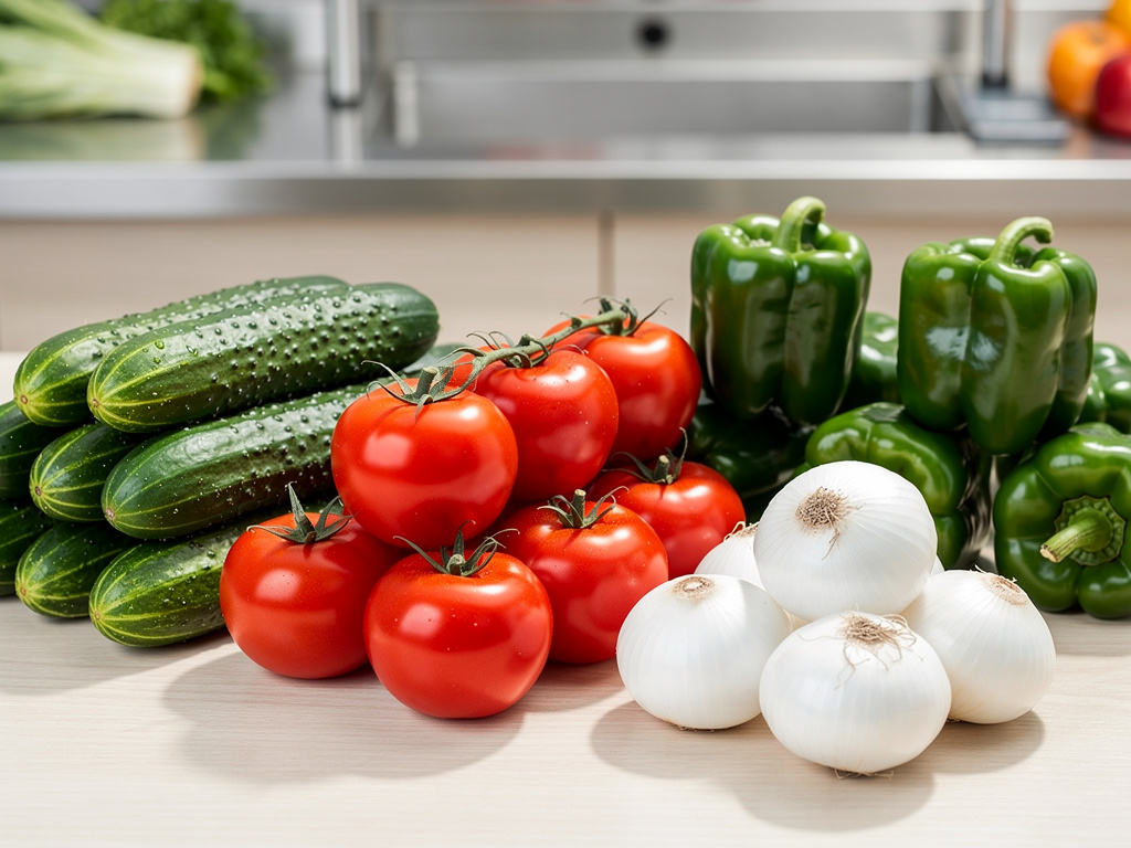 Verduras frescas en cocina: pepinos, tomates rojos, pimientos verdes y cebollas blancas sobre encimera