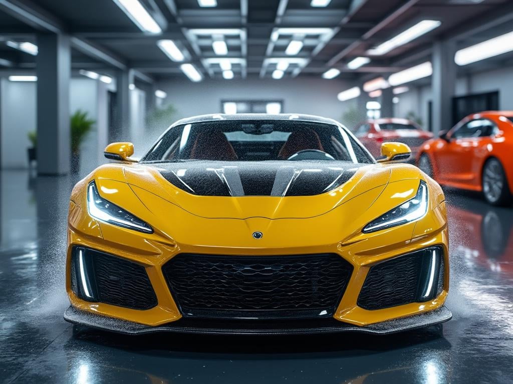 Deportivo amarillo moderno en un garaje bien iluminado, rodeado de otros coches deportivos.