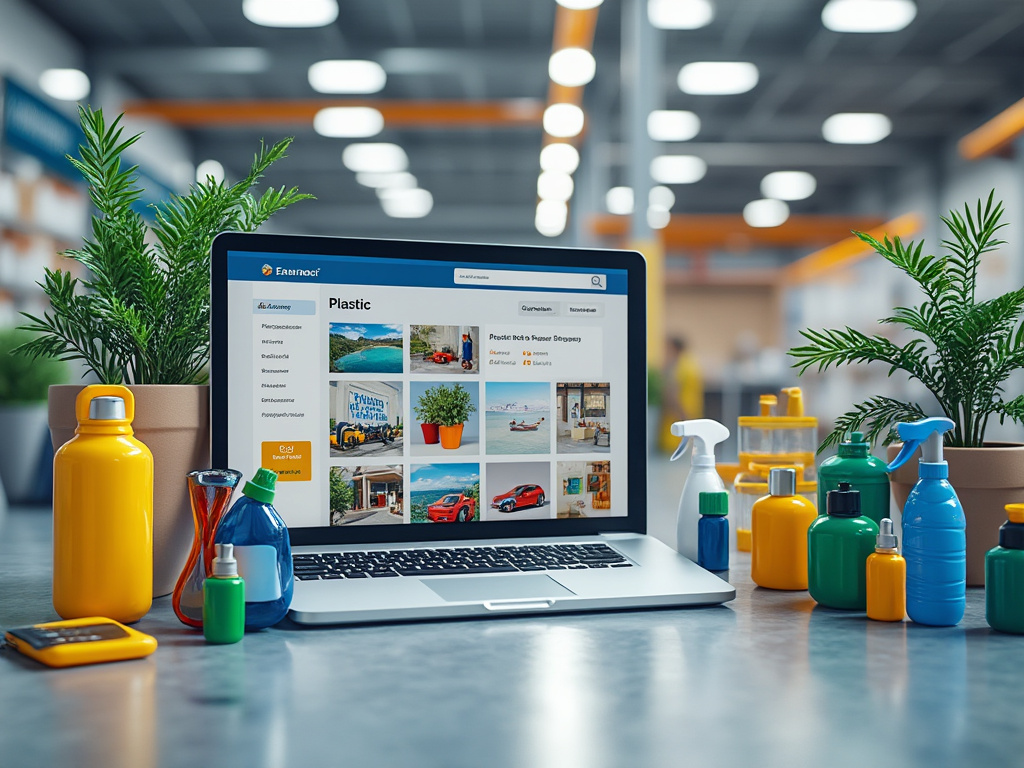 Portátil en una oficina moderna mostrando una página de compra en línea de productos de plástico, rodeado de botellas de colores y plantas decorativas.