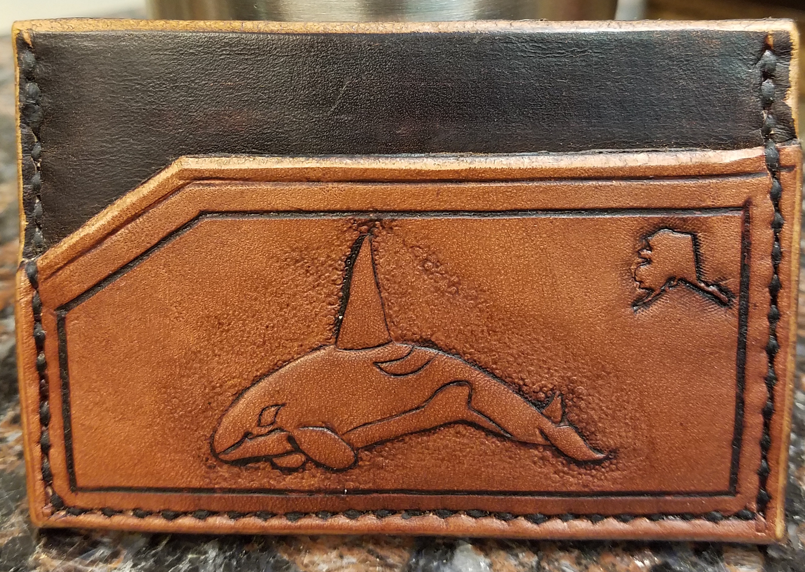 Killer whale, 3 pocket minimalist wallet, hand tooled and hand stitched,  $65.00