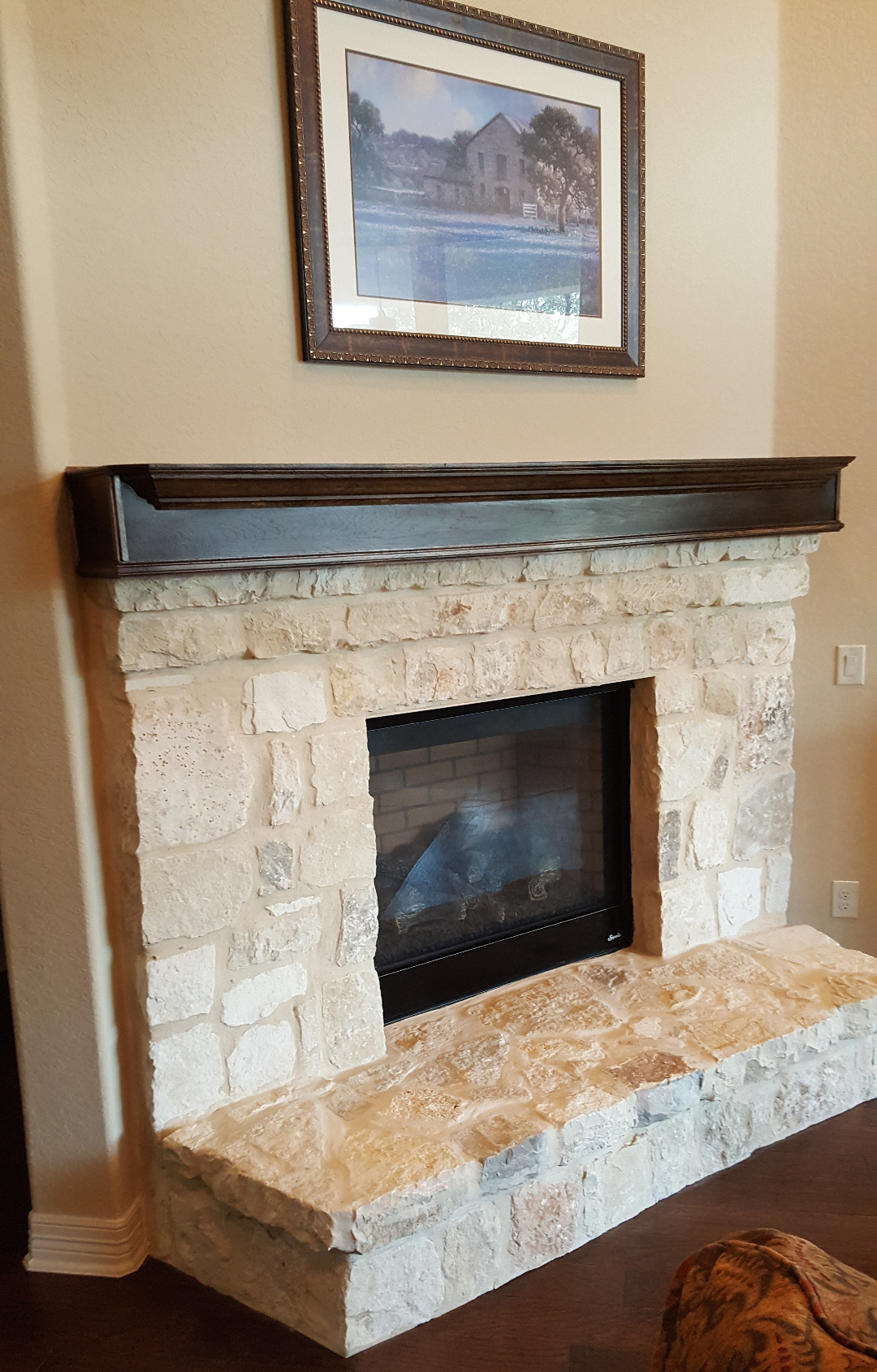 Espresso Stained Hickory Wood Mantel
 Completes Beautiful Natural Rock Fireplace