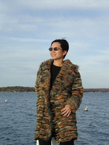 Hand knitted wool jacket with mohair trim, and glass button, hand dyed in Avelene color, kit available.