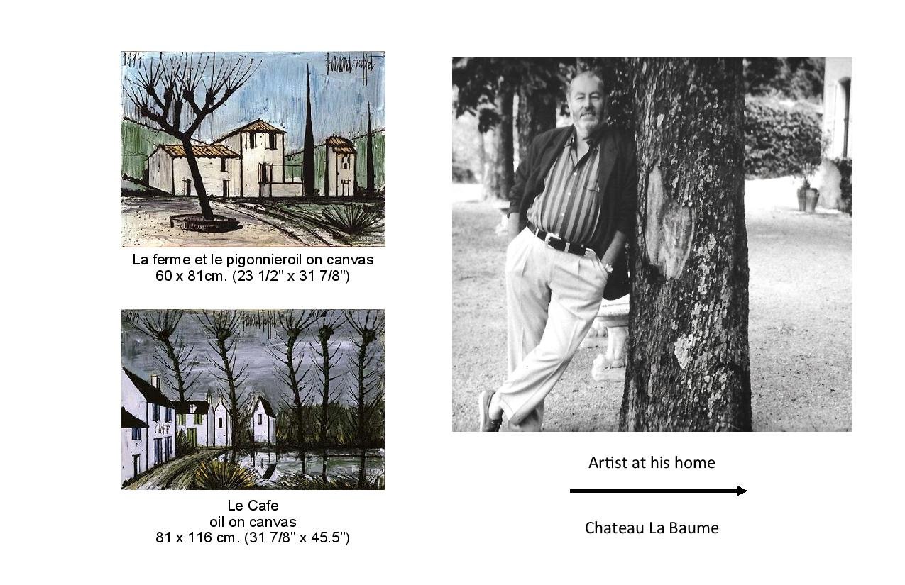 2 paintings of houses, La ferme et le pigonnieroil on  canvas and Le cafe oil on canvas. An photo of the artist