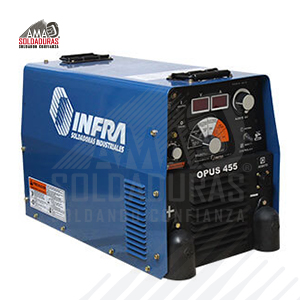 OPUS 455

Categoría: Soldadoras multiproceso
Trabajo: Industrial Pesado
Alimentación: 440 V
Rango de voltaje / amperaje: 5-600 A, CD (CC) 10-38 V, CD (VC)
Ciclo de trabajo: 60%
Suelda con: Soldar con electrodo revestido (SMAW), corriente directa (C.D.), diámetro de 1.6 a 6.4 mm (1/16” a 1/4”). Soldadura TIG (GTAW) corriente directa (C.D.), hasta un espesor de 6.4 mm (1/4”) o una corriente de 250 Amps. (Con inicio de arco por contacto). Soldar con microalambre (GMAW) diámetro de 0.6 a 1.2 mm (0.023” a 0.045”) transferencia de corto
circuito. Soldar con microalambre (GMAW) acero inoxidable en diámetro de 0.8 a 1.2 mm (0.030” a 0.045”) para la unión de perfiles y lámina. Soldadura, con alambre tubular y núcleo de fundente. (FCAW) en diámetro de 1.2 a 2.4 mm (0.045” a 3/32”) con o sin protección de gas. Aluminio MIG en diám. de 0.9, 1.3 y 1.6 mm (0.035”,0.052” y 1/16”) requiere el uso de la pistola alimentadora Push Pull (opcional).