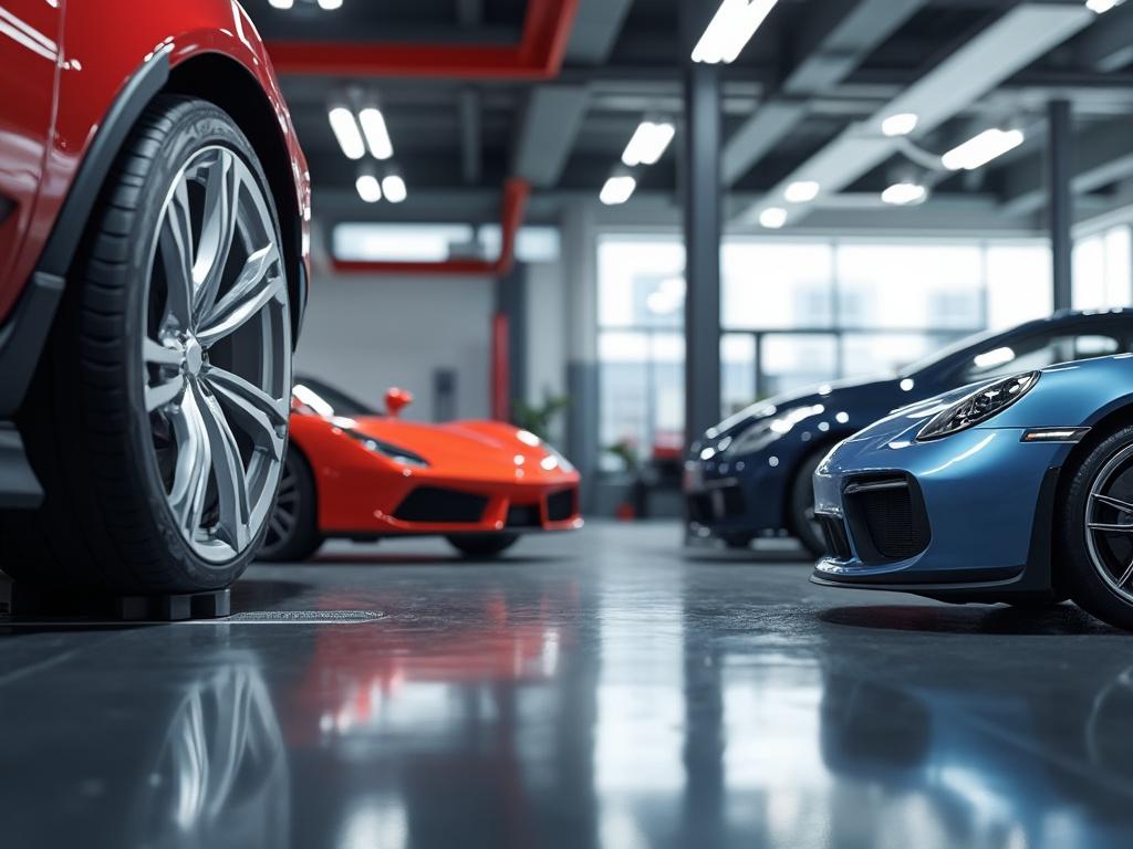 Interior de concesionario de autos con vehículos deportivos de lujo en exhibición, incluyendo coches rojos y azules, en un ambiente iluminado y moderno.