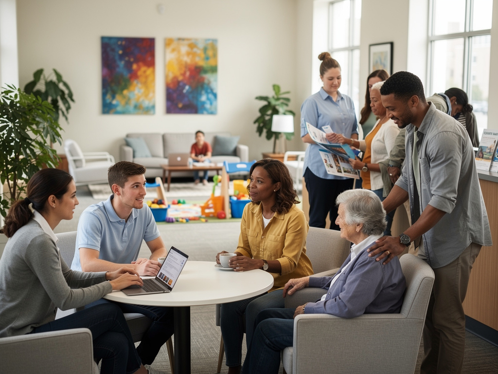 Diverse group of people discussing care options in a modern community center lounge