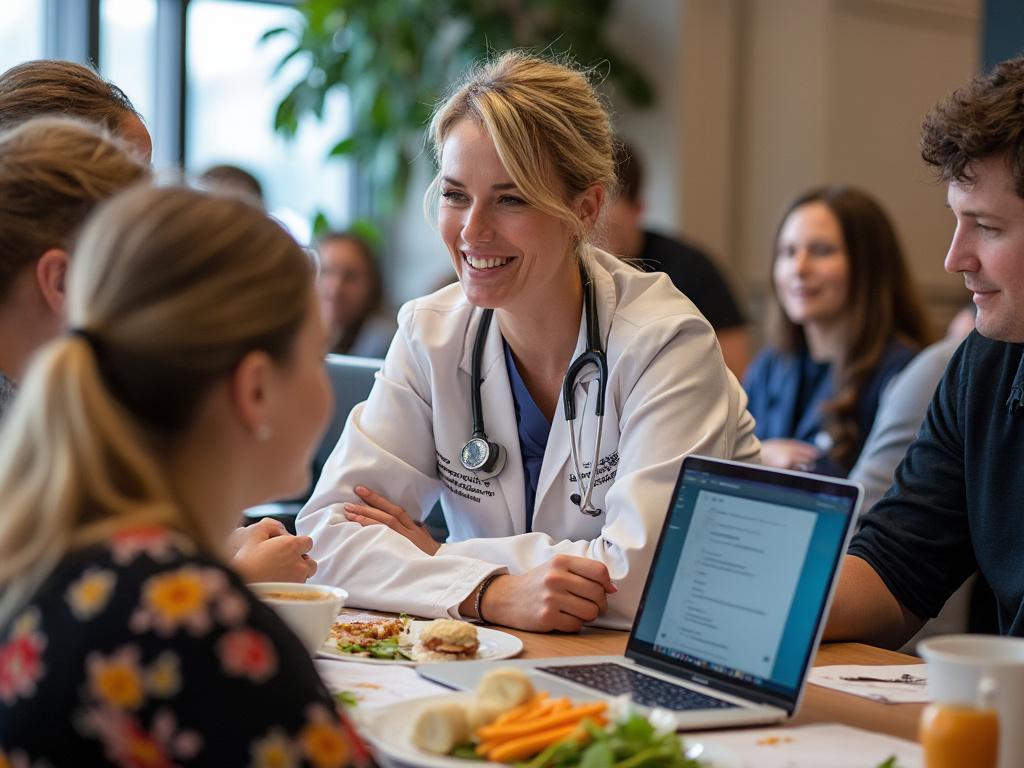 Friendly female doctor talking to patients at a table with food and a laptop, in a social setting.