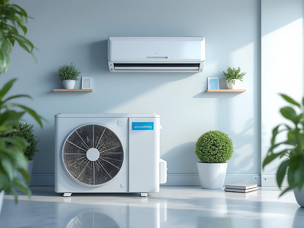 Aire acondicionado moderno en sala con plantas alrededor y decoración minimalista.