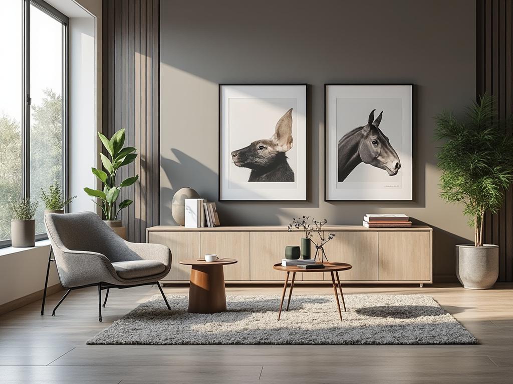 Sala de estar moderna con sillón gris, mesa de centro redonda, alfombra beige y dos cuadros de animales en una pared oscura.