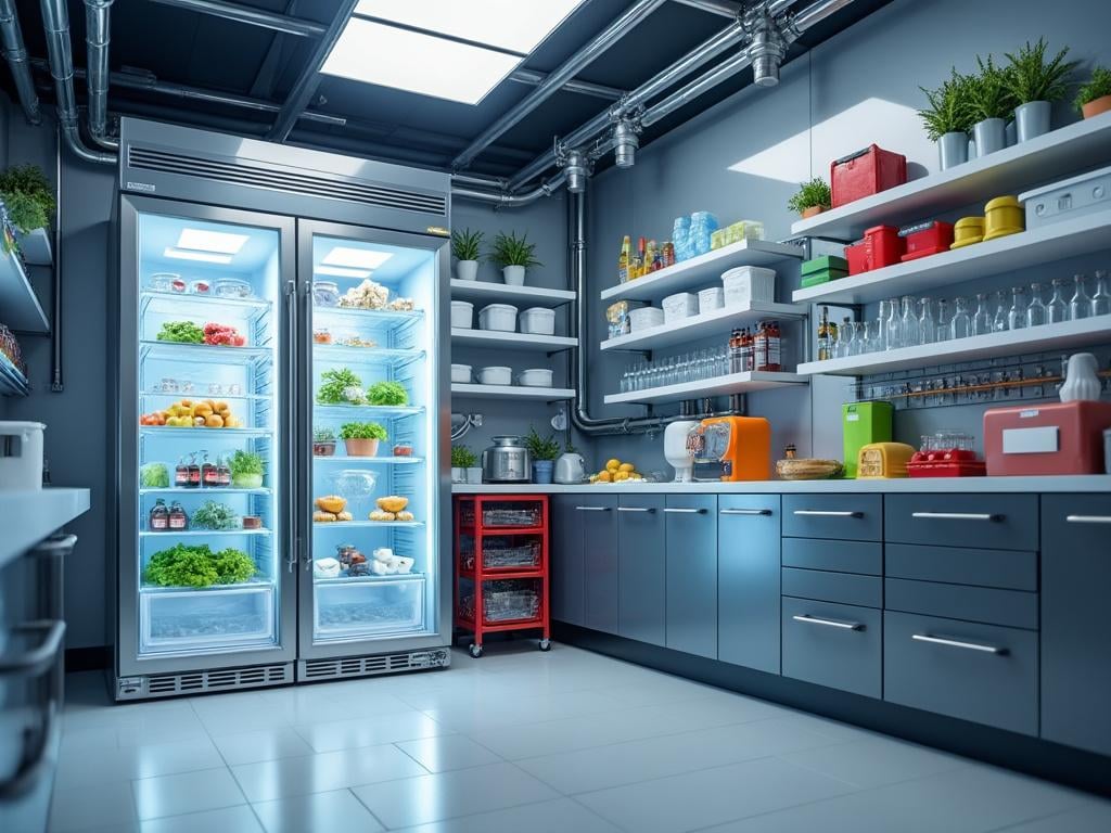 Cocina moderna con estantes llenos de utensilios y un refrigerador grande con frutas y verduras iluminadas en su interior. Cocina moderna con estantes llenos de utensilios y un refrigerador grande con frutas y verduras iluminadas en su interior.