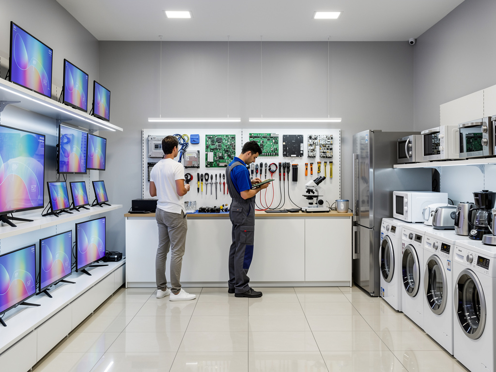 Técnicos reparando electrodomésticos y televisores en tienda de electrónica moderna con lavadoras y herramientas