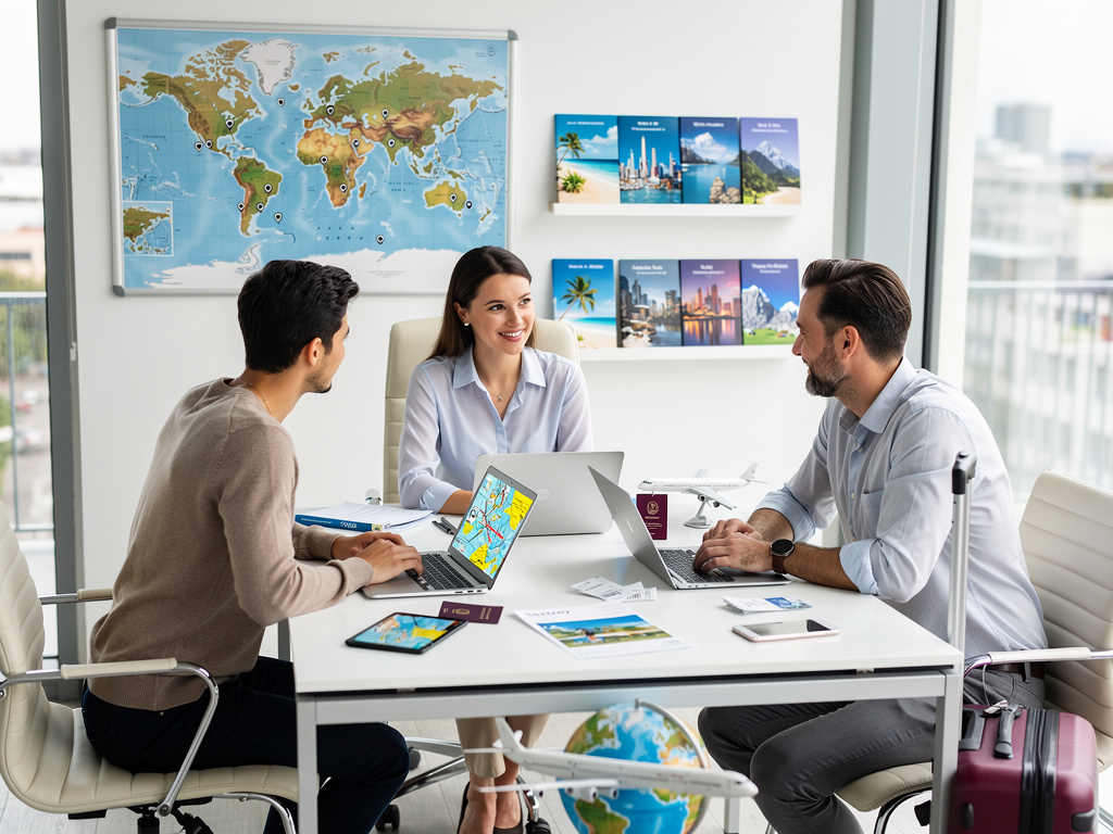 Agente de viajes asesorando a clientes en oficina con mapa mundial, folletos turísticos, laptops y maleta