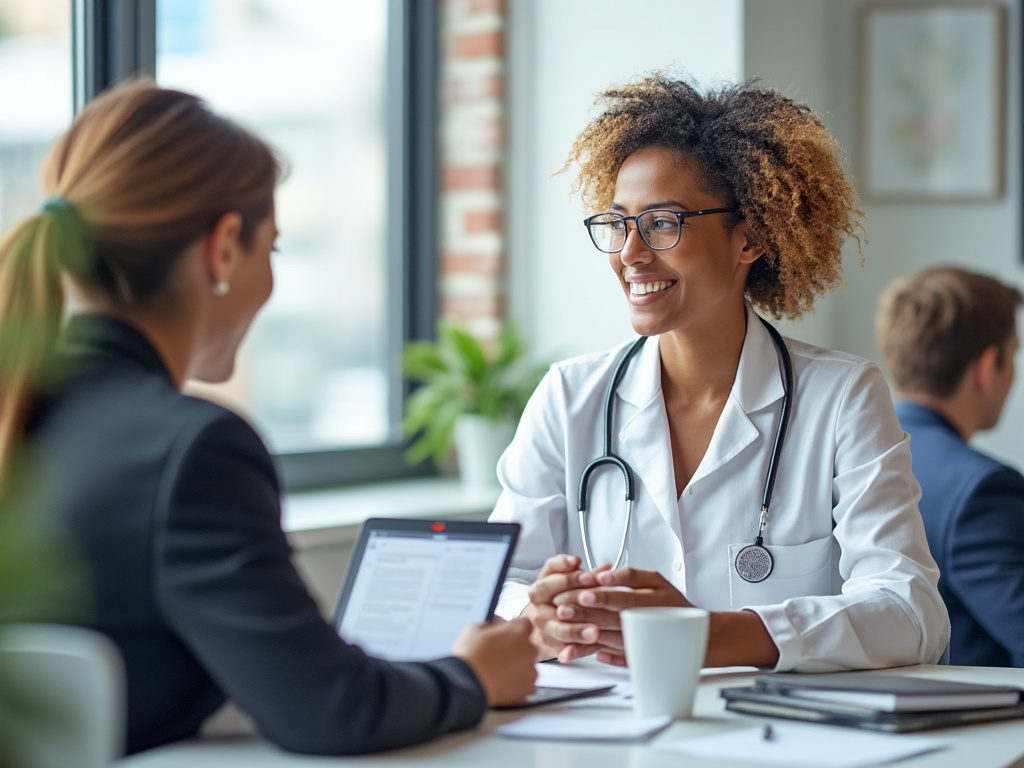 Smiling female doctor with stethoscope consulting with a patient in a modern medical office