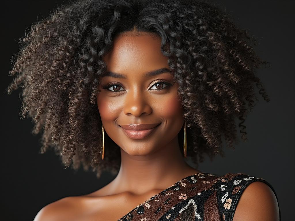 Smiling woman with curly hair and gold earrings in a patterned outfit against a dark background.
