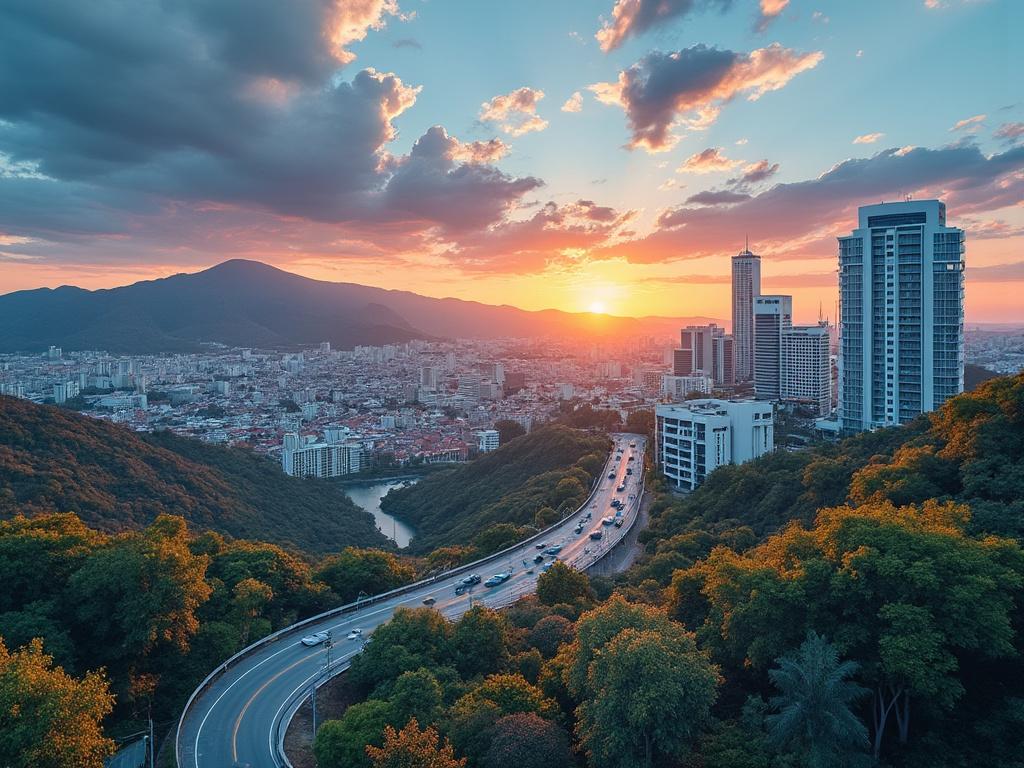 Vista panorámica de una ciudad al atardecer con edificios altos, carretera sinuosa y montañas en el horizonte.