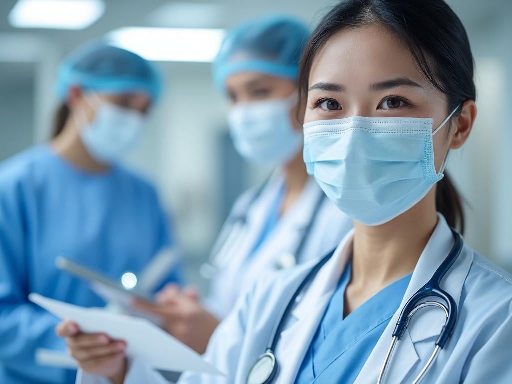 Group of medical professionals wearing face masks and scrubs in a hospital setting. Group of medical professionals wearing face masks and scrubs in a hospital setting.