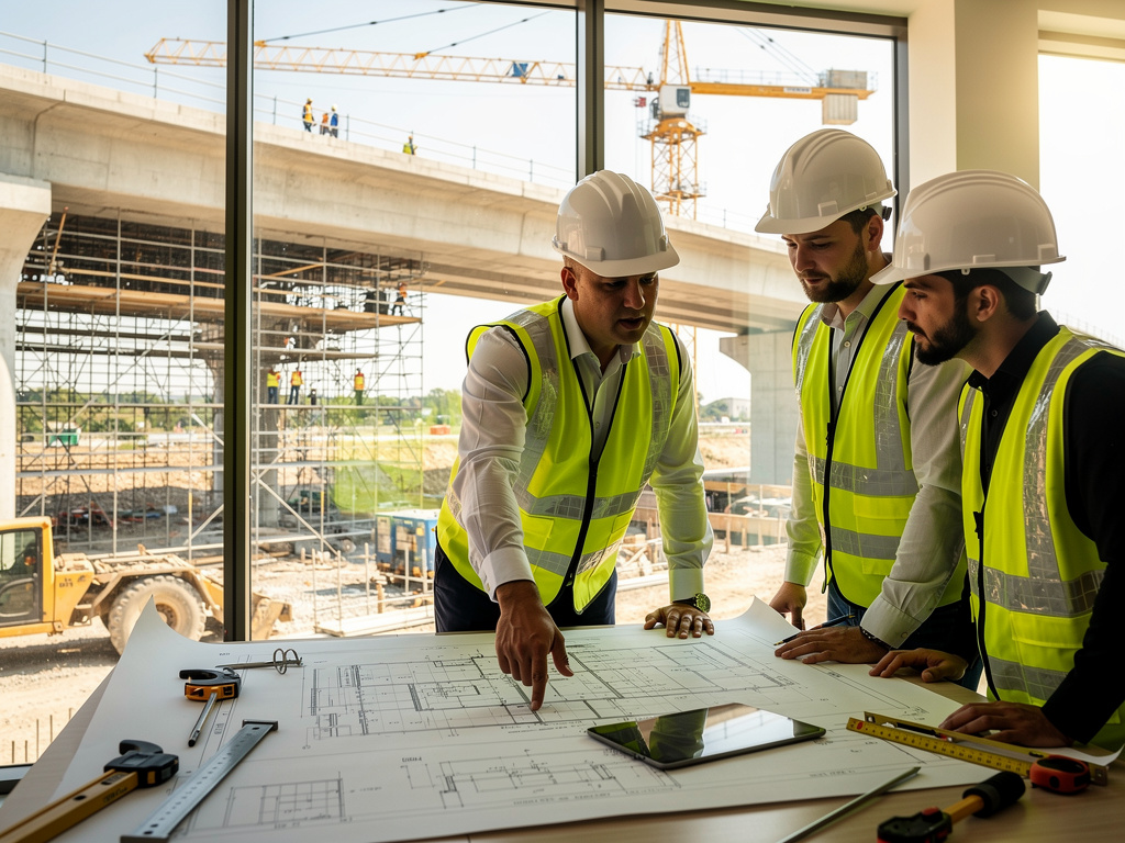 Ingenieros de construcción con cascos y chalecos revisando planos en obra con grúas y puente en construcción