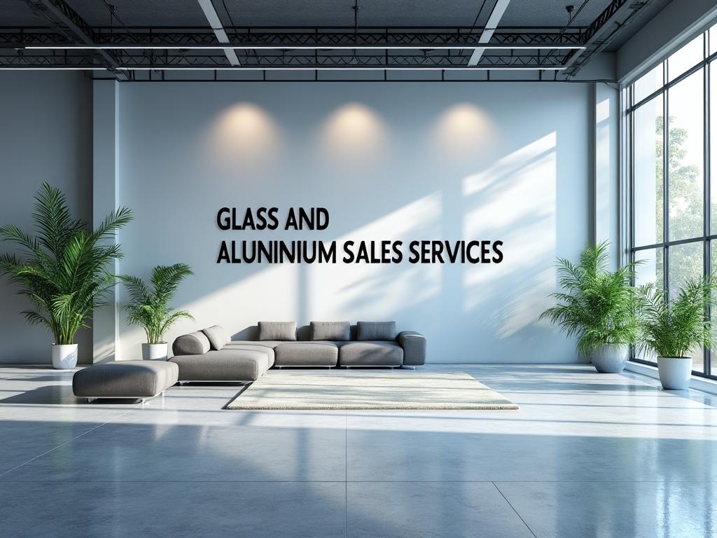 Sala moderna con sofás grises, plantas y letrero de servicios de ventas de vidrio y aluminio.