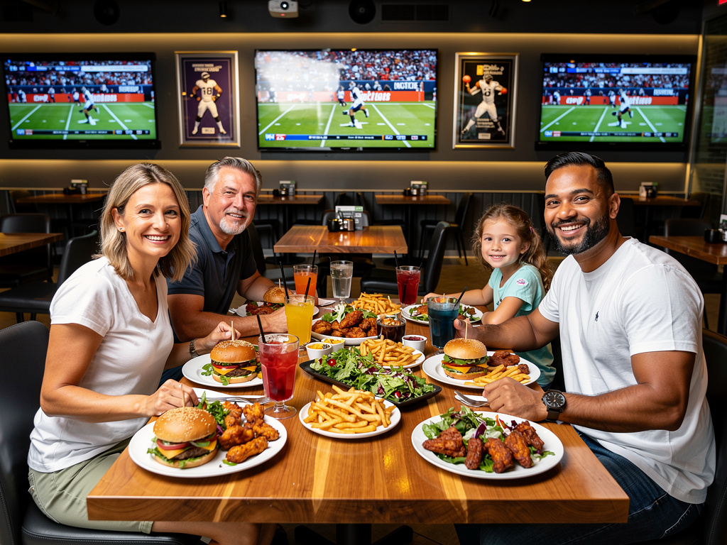 Familia disfrutando hamburguesas, alitas y papas fritas en un restaurante deportivo con pantallas de fútbol americano