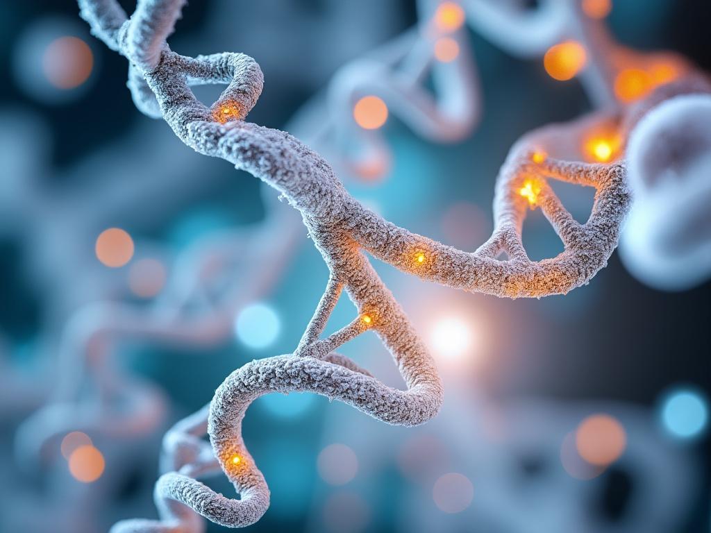 Close-up view of a DNA double helix with glowing highlights, against a blurred blue background.
Close-up view of a DNA double helix with glowing highlights, against a blurred blue background.