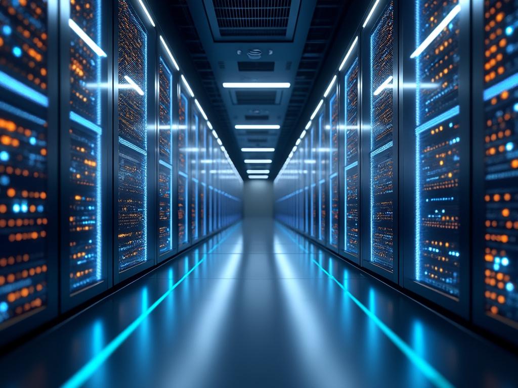 Modern data center interior with rows of illuminated server racks and glowing lights, illustrating advanced technology infrastructure.