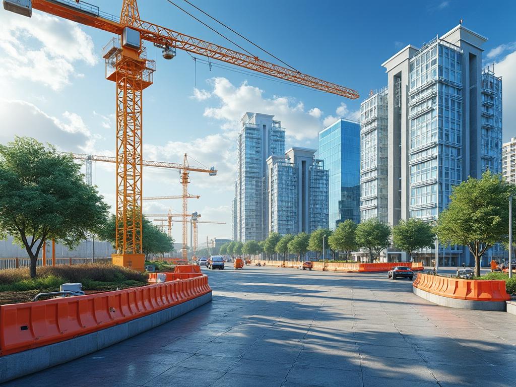 Vista de una ciudad moderna con rascacielos, grúas de construcción y calle amplia, rodeada de árboles y barreras naranjas.