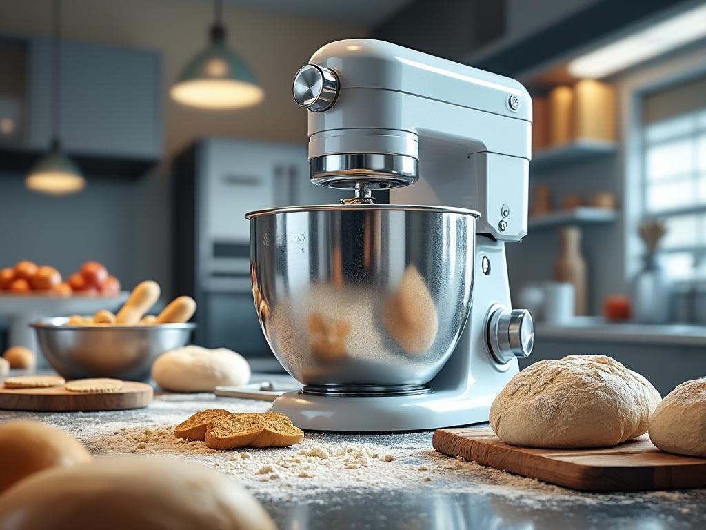 Batidora de cocina blanca sobre mesa con masa para pan y utensilios de repostería en cocina moderna.