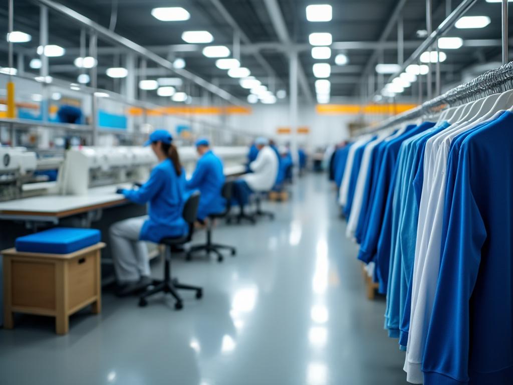 Trabajadores en una fábrica textil con prendas azules colgadas en primer plano.